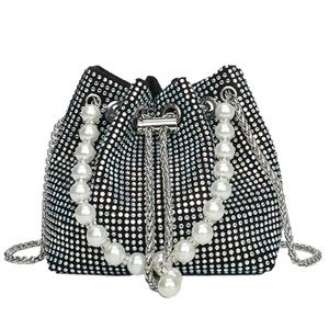 SILVER COLORED CRYSTAL CROSSBODY WITH PEARL HANDLE BUCKET PURSE